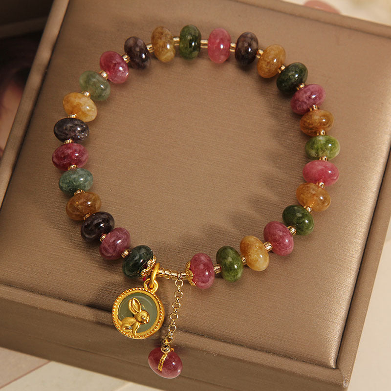 Buddha Stones天然カラフルトルマリンかわいいウサギチャームポジティブブレスレット