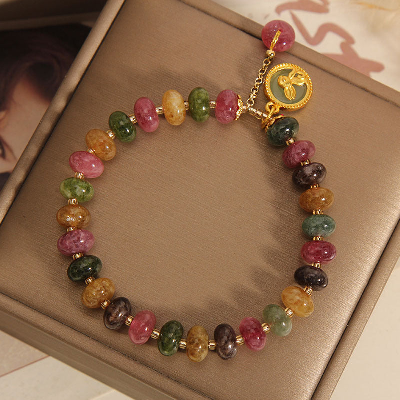 Buddha Stones天然カラフルトルマリンかわいいウサギチャームポジティブブレスレット