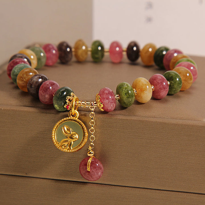 Buddha Stones天然カラフルトルマリンかわいいウサギチャームポジティブブレスレット