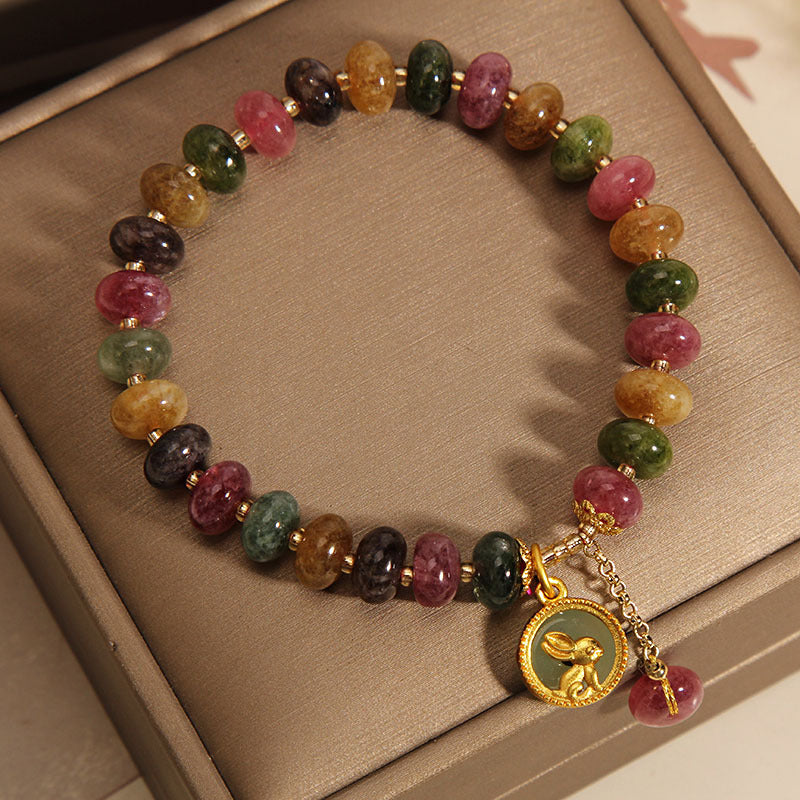 Buddha Stones天然カラフルトルマリンかわいいウサギチャームポジティブブレスレット