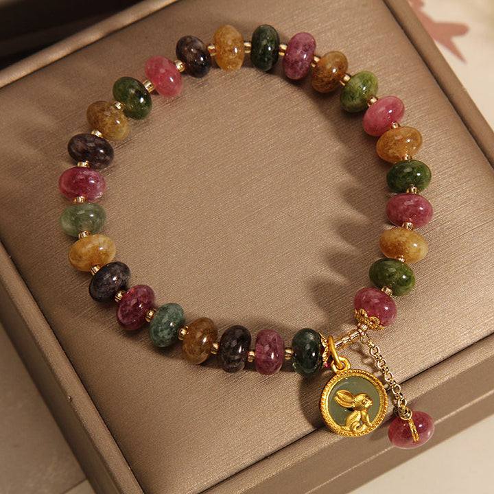 Buddha Stones天然カラフルトルマリンかわいいウサギチャームポジティブブレスレット