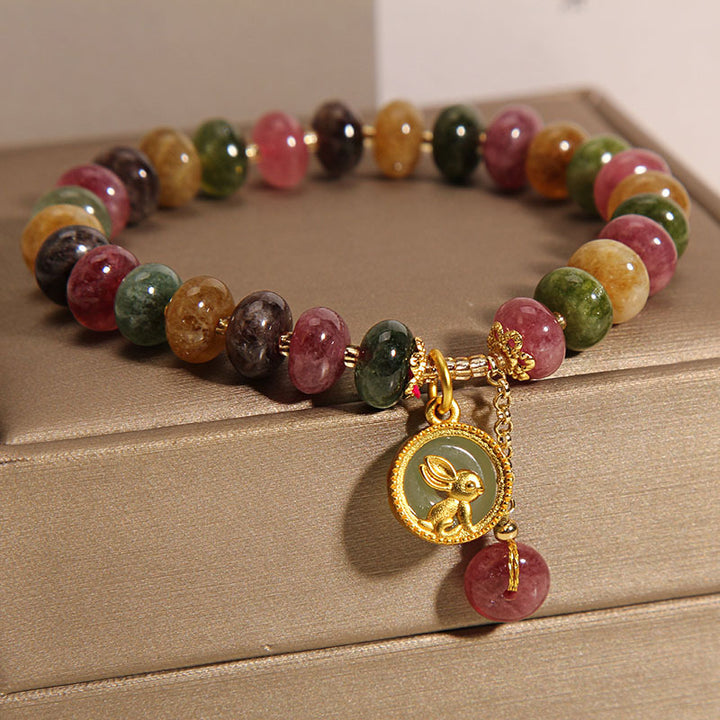 Buddha Stones天然カラフルトルマリンかわいいウサギチャームポジティブブレスレット