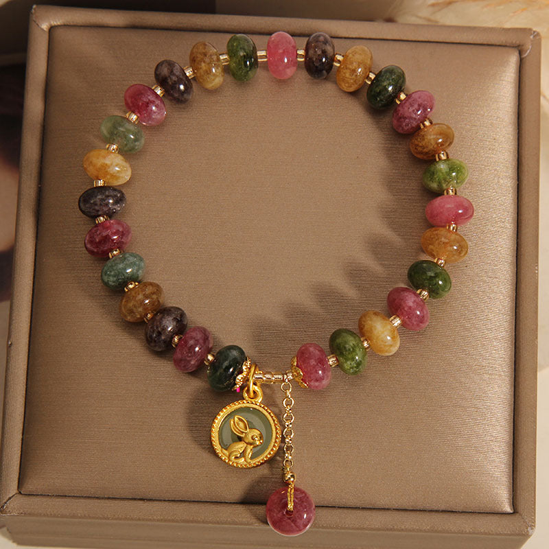 Buddha Stones天然カラフルトルマリンかわいいウサギチャームポジティブブレスレット