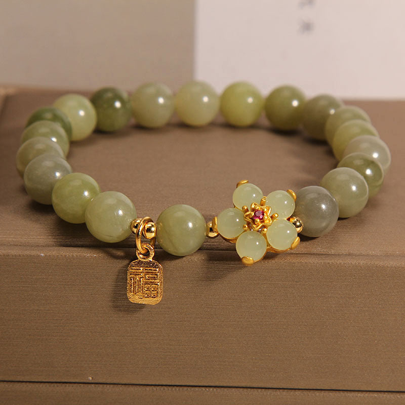 Buddha Stones 緑翡翠 花モチーフ 福チャーム 幸運 ブレスレット