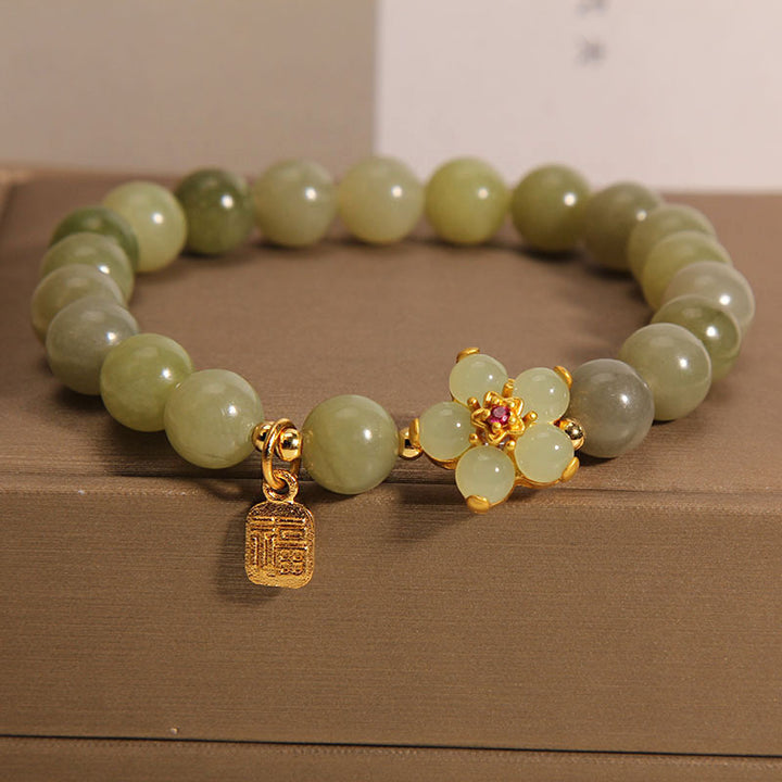 Buddha Stones 緑翡翠 花モチーフ 福チャーム 幸運 ブレスレット