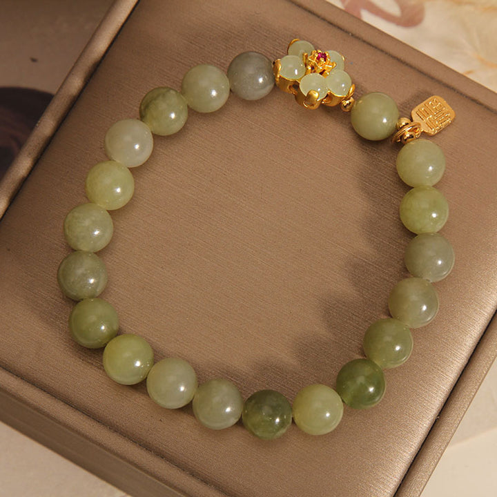 Buddha Stones 緑翡翠 花モチーフ 福チャーム 幸運 ブレスレット