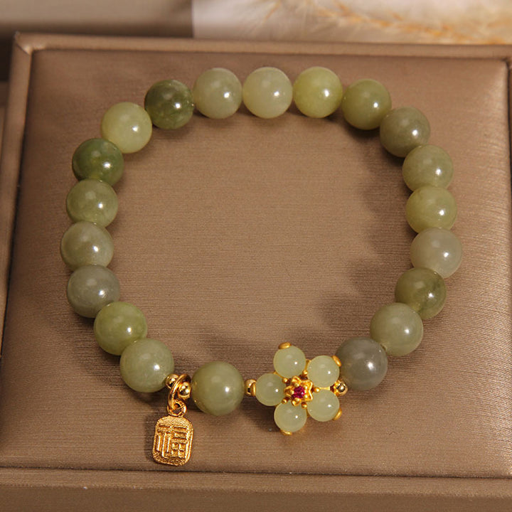 Buddha Stones 緑翡翠 花モチーフ 福チャーム 幸運 ブレスレット