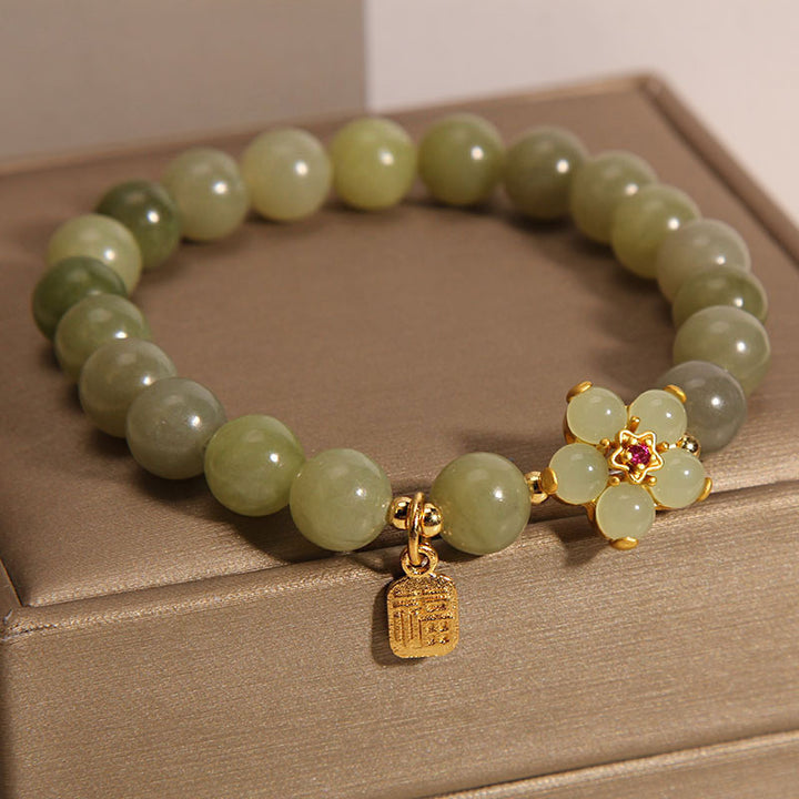 Buddha Stones 緑翡翠 花モチーフ 福チャーム 幸運 ブレスレット