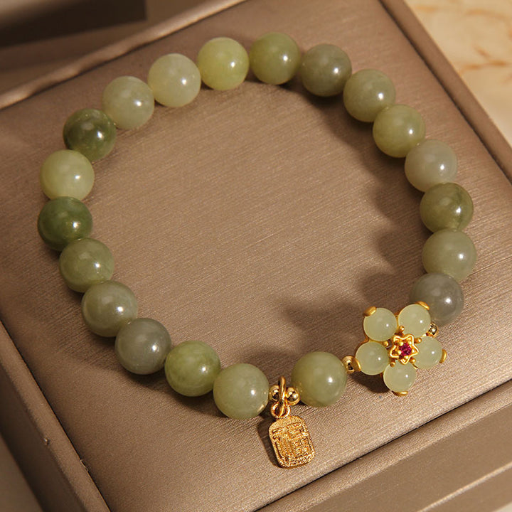 Buddha Stones 緑翡翠 花モチーフ 福チャーム 幸運 ブレスレット