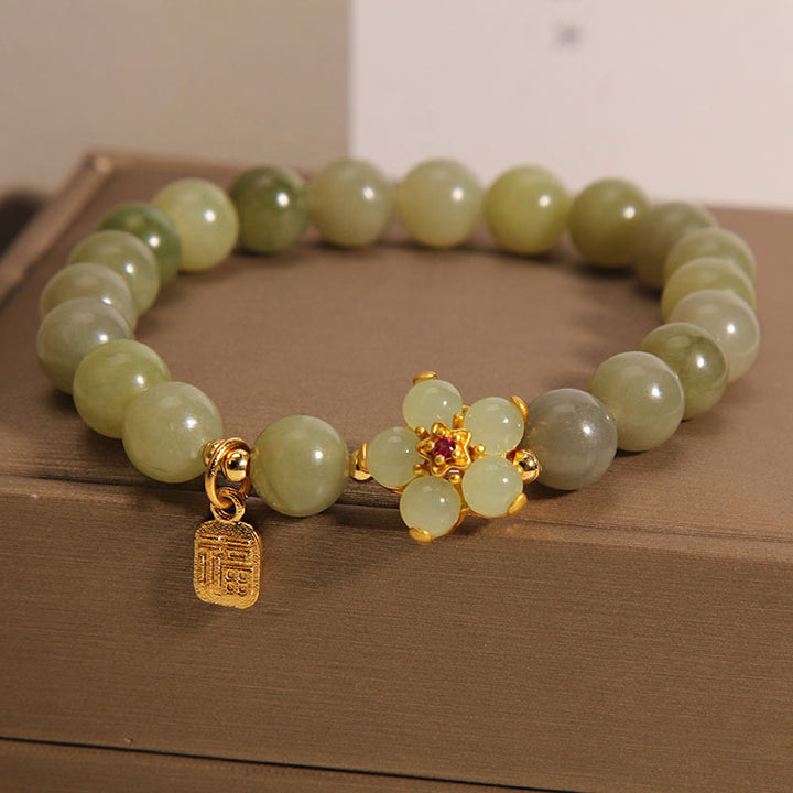 Buddha Stones 緑翡翠 花モチーフ 福チャーム 幸運 ブレスレット
