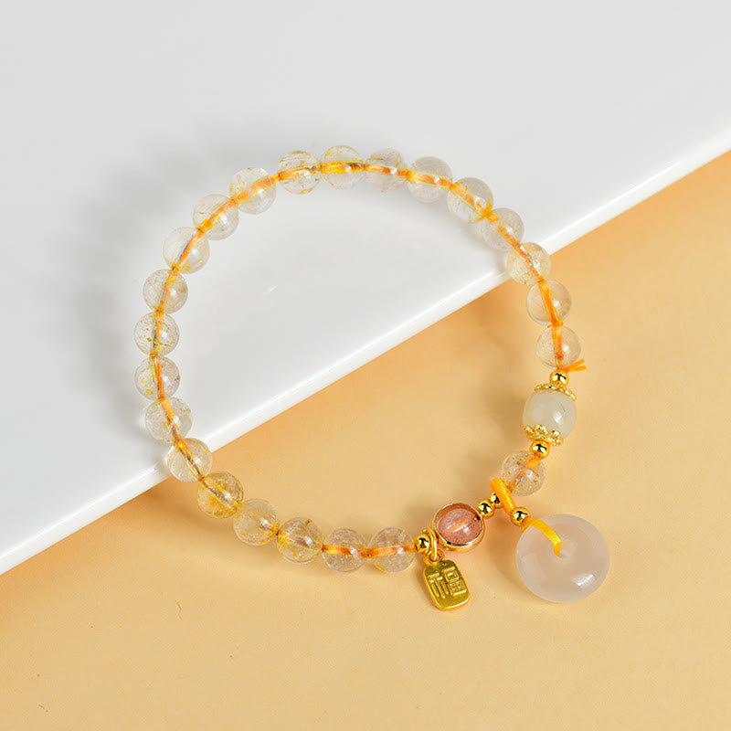 Buddha Stones天然ゴールデンルチルクォーツ福文字平和バックルチャーム富ブレスレット