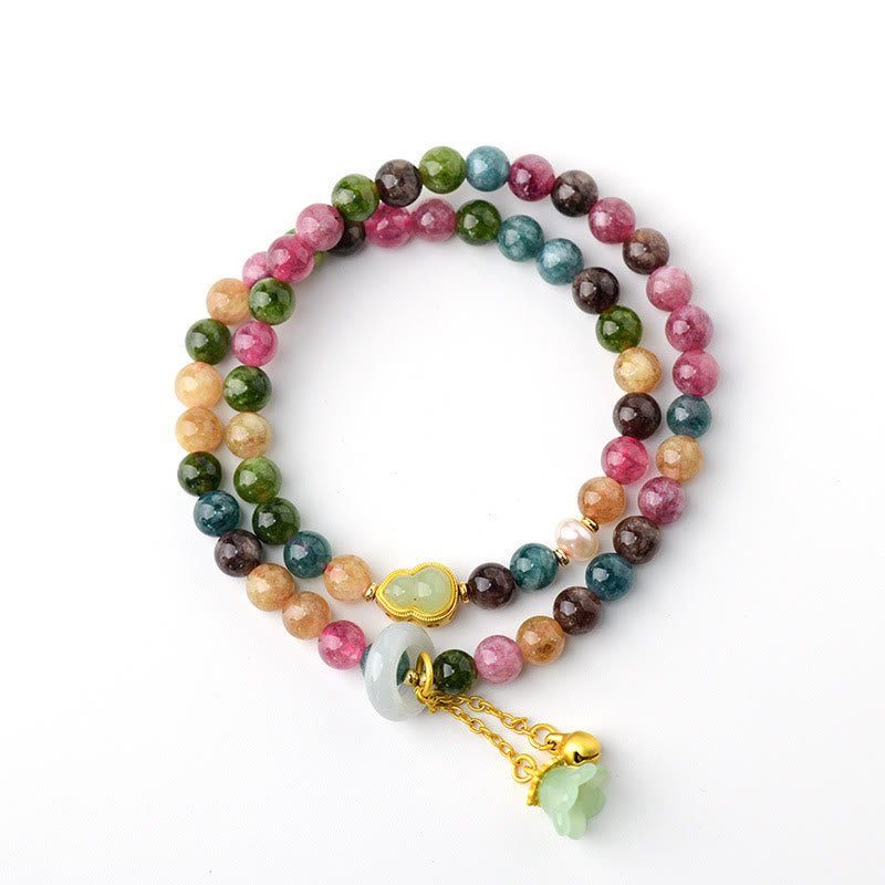 Buddha Stonesマルチカラートルマリン ひょうたん ウィズダム ダブルラップ スズラン チャームブレスレット