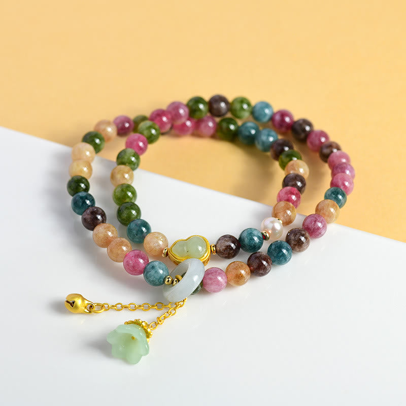 Buddha Stonesマルチカラートルマリン ひょうたん ウィズダム ダブルラップ スズラン チャームブレスレット