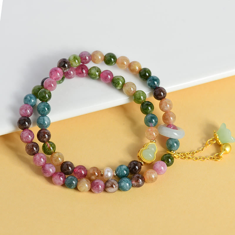 Buddha Stonesマルチカラートルマリン ひょうたん ウィズダム ダブルラップ スズラン チャームブレスレット