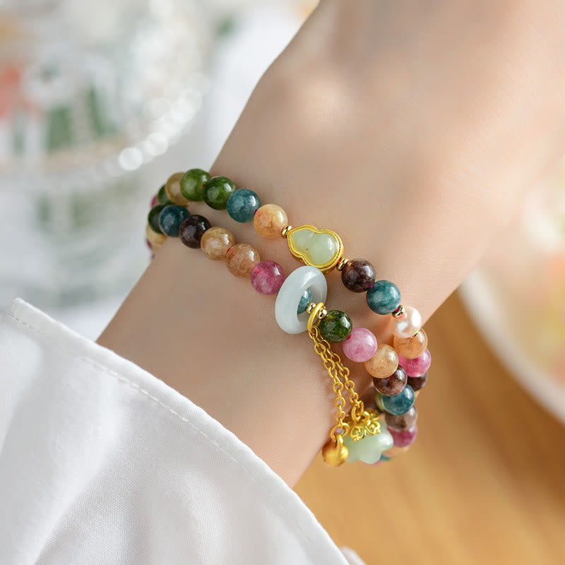 Buddha Stonesマルチカラートルマリン ひょうたん ウィズダム ダブルラップ スズラン チャームブレスレット