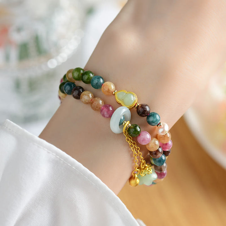 Buddha Stonesマルチカラートルマリン ひょうたん ウィズダム ダブルラップ スズラン チャームブレスレット