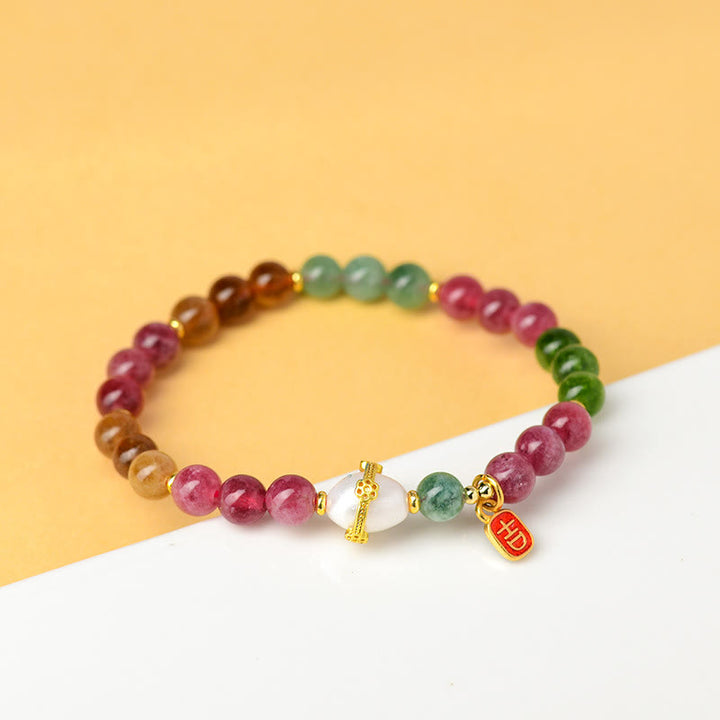 Buddha Stones天然多色トルマリンパール 縁起の良いキャラクターチャーム 知恵のブレスレット