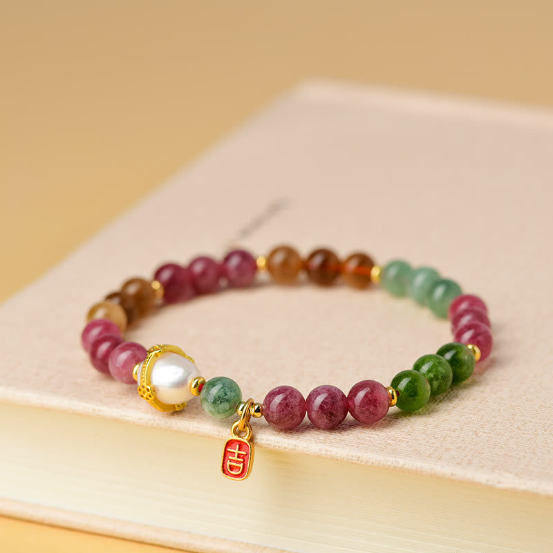 Buddha Stones天然多色トルマリンパール 縁起の良いキャラクターチャーム 知恵のブレスレット