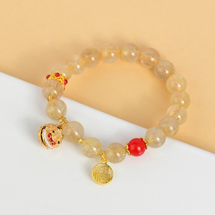 Buddha Stones天然ゴールデンルチルクォーツ福文字チャームベル富のブレスレット
