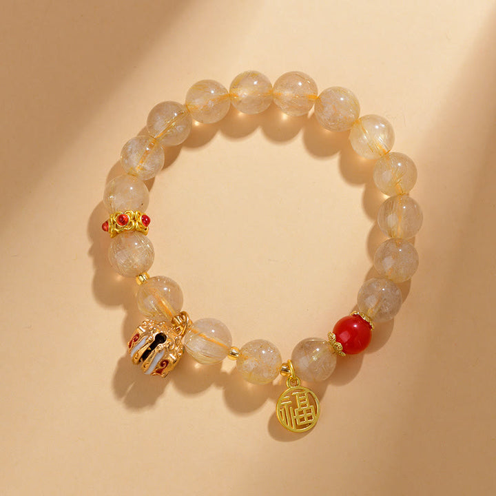 Buddha Stones天然ゴールデンルチルクォーツ福文字チャームベル富のブレスレット