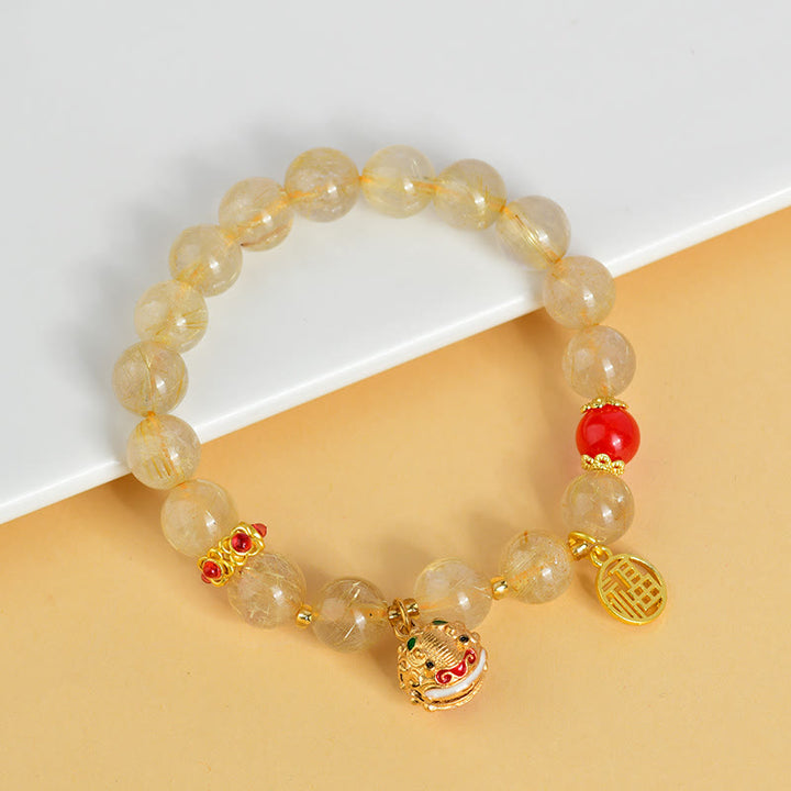 Buddha Stones天然ゴールデンルチルクォーツ福文字チャームベル富のブレスレット