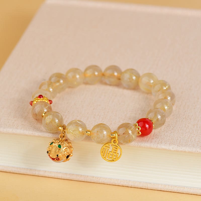 Buddha Stones天然ゴールデンルチルクォーツ福文字チャームベル富のブレスレット