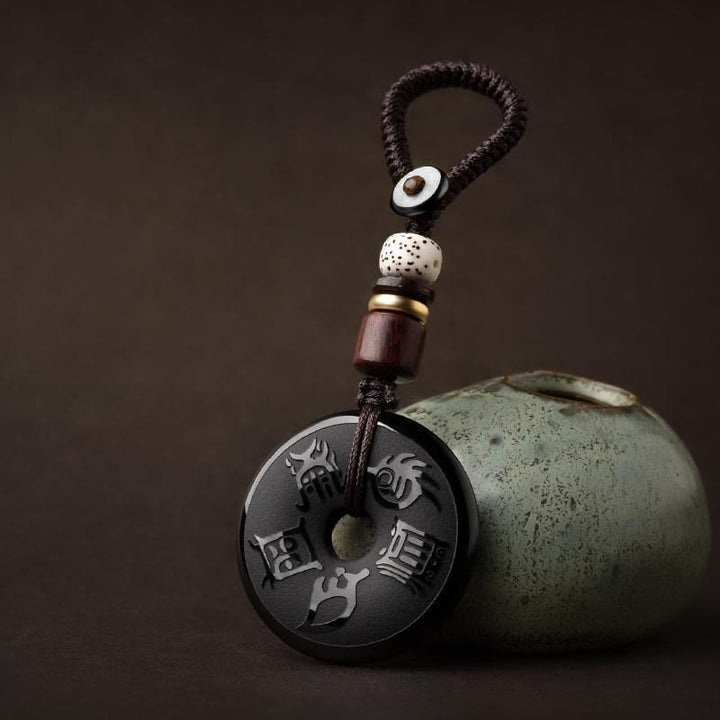 Buddha Stones黒曜石 道教 五大聖山 彫刻 強さ 平和 バックル ネックレス ペンダント キーチェーン 携帯電話 吊り下げ 装飾