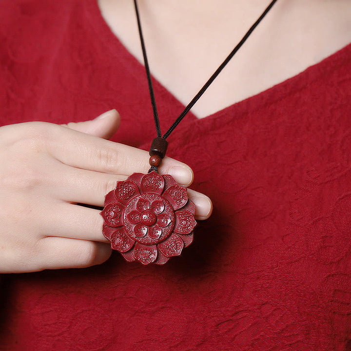 Buddha Stones天然辰砂 蓮の花Om Mani Padme Hum祝福ネックレス ストリングペンダント