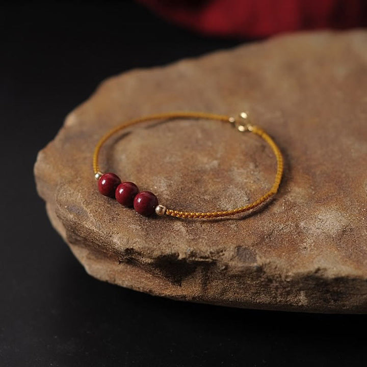 Buddha Stones14K ゴールドメッキ 天然辰砂 祝福紐 編み込みブレスレット