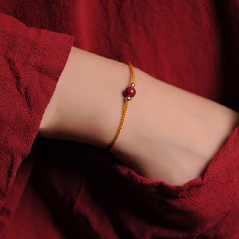 Buddha Stones14K ゴールドメッキ 天然辰砂 祝福紐 編み込みブレスレット