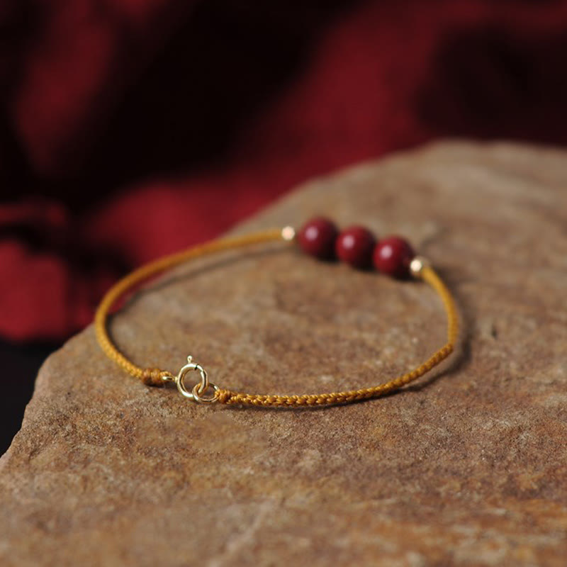 Buddha Stones14K ゴールドメッキ 天然辰砂 祝福紐 編み込みブレスレット