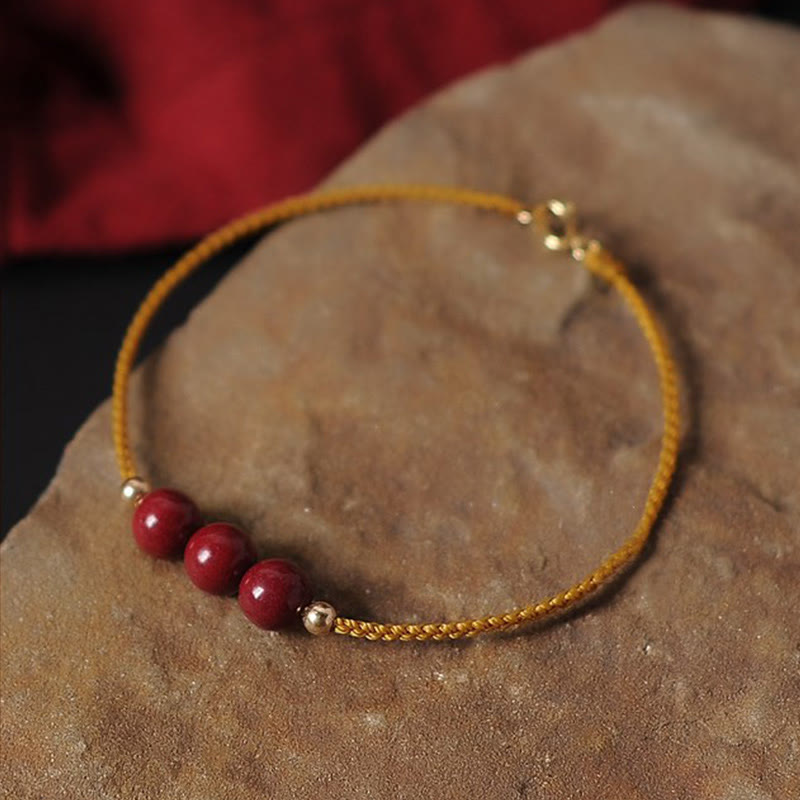 Buddha Stones14K ゴールドメッキ 天然辰砂 祝福紐 編み込みブレスレット