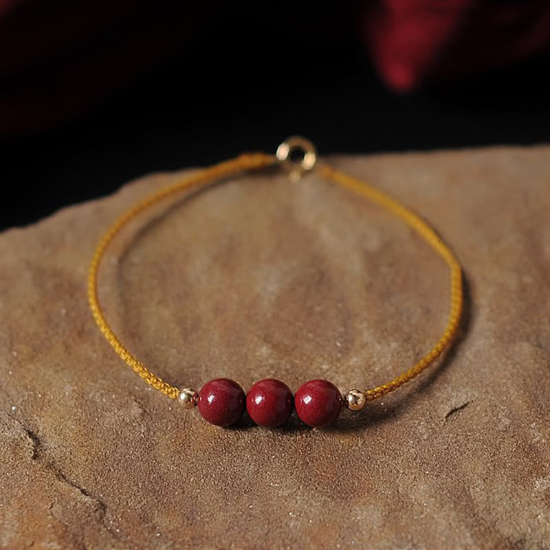 Buddha Stones14K ゴールドメッキ 天然辰砂 祝福紐 編み込みブレスレット