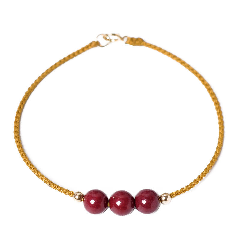 Buddha Stones14K ゴールドメッキ 天然辰砂 祝福紐 編み込みブレスレット