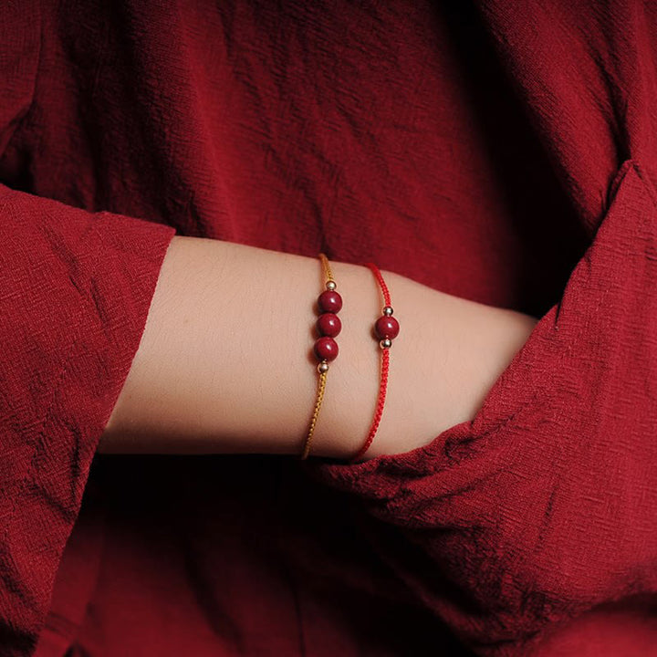 Buddha Stones14K ゴールドメッキ 天然辰砂 祝福紐 編み込みブレスレット