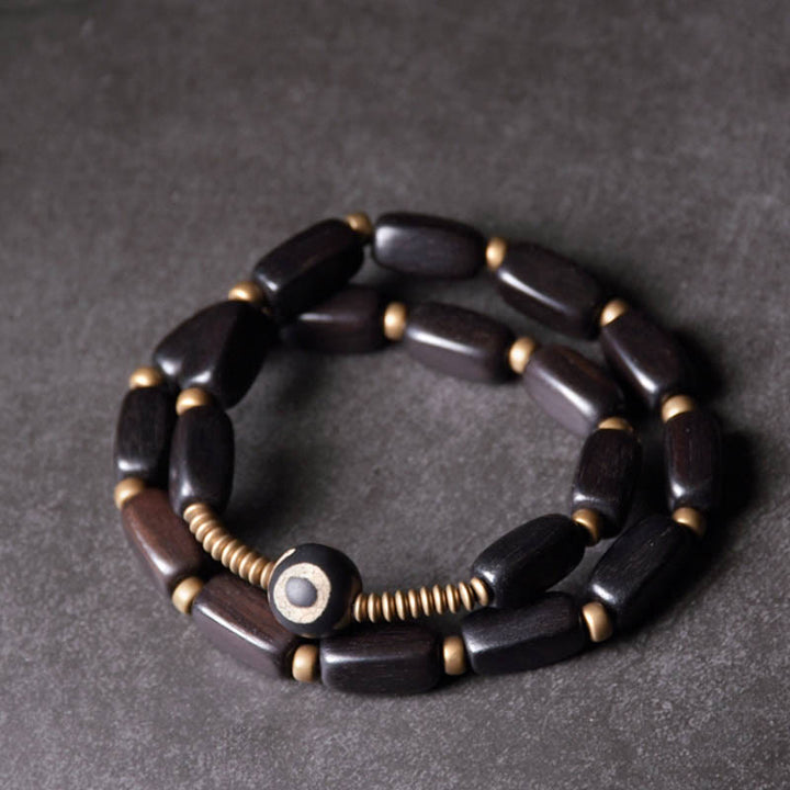 Buddha Stonesチベット 黒檀 木製 Dzi ビーズ 銅製 バランス ダブルラップブレスレット