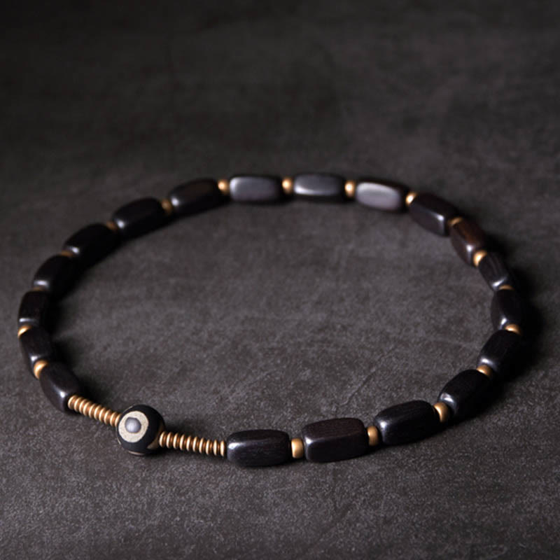 Buddha Stonesチベット 黒檀 木製 Dzi ビーズ 銅製 バランス ダブルラップブレスレット