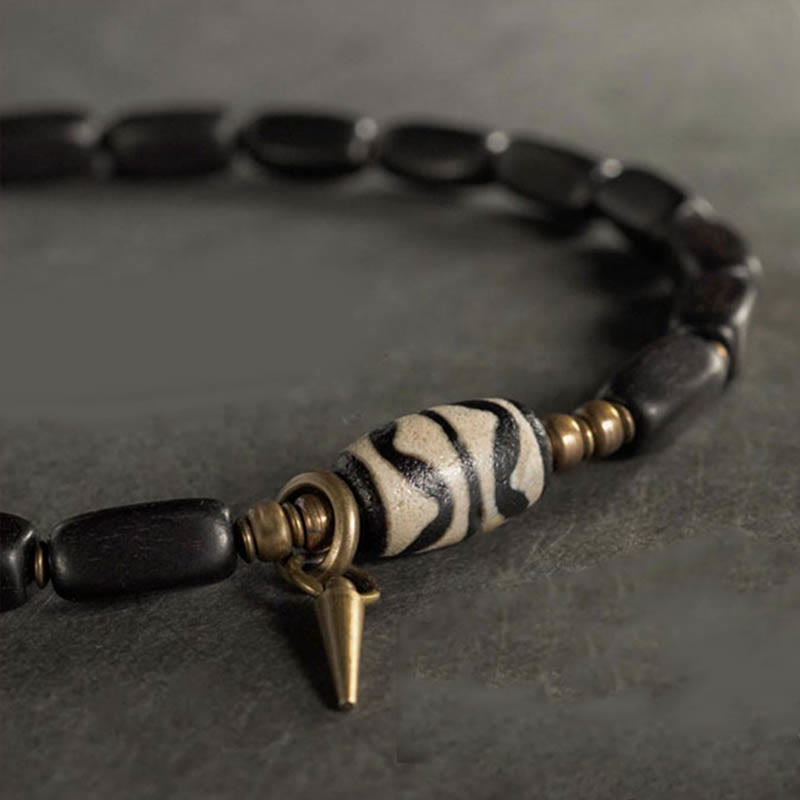 Buddha Stonesチベット 黒檀 木製 Dzi ビーズ 銅製 バランス ダブルラップブレスレット