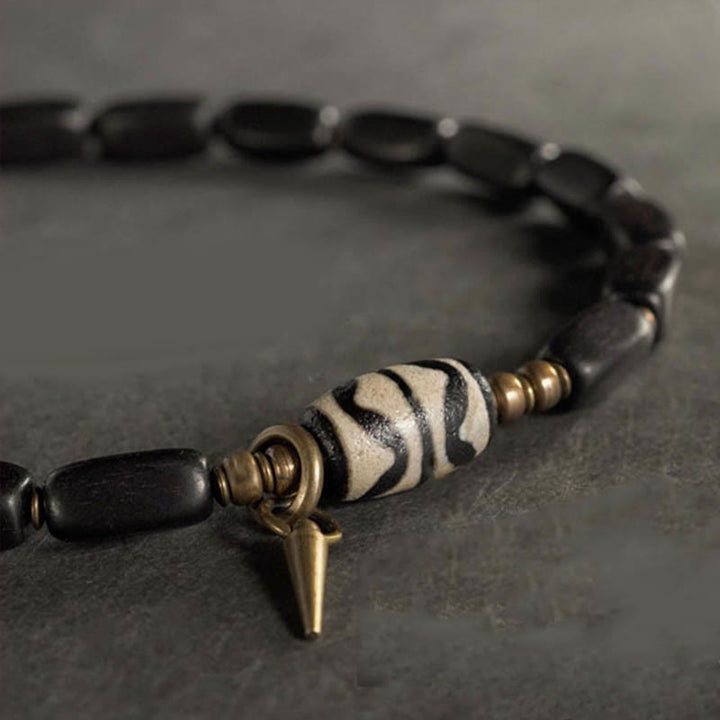 Buddha Stonesチベット 黒檀 木製 Dzi ビーズ 銅製 バランス ダブルラップブレスレット
