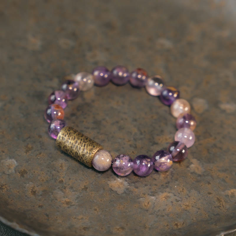 Buddha Stonesホワイトクリスタル レッドヘマトイドクォーツ ゴールドルチルクォーツ パープルファントムプロテクションブレスレット