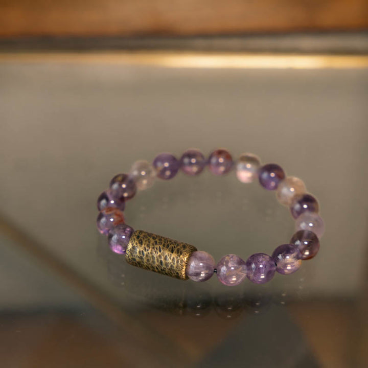 Buddha Stonesホワイトクリスタル レッドヘマトイドクォーツ ゴールドルチルクォーツ パープルファントムプロテクションブレスレット