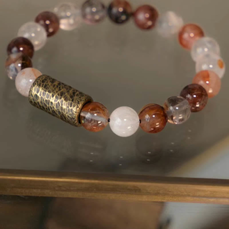 Buddha Stonesホワイトクリスタル レッドヘマトイドクォーツ ゴールドルチルクォーツ パープルファントムプロテクションブレスレット
