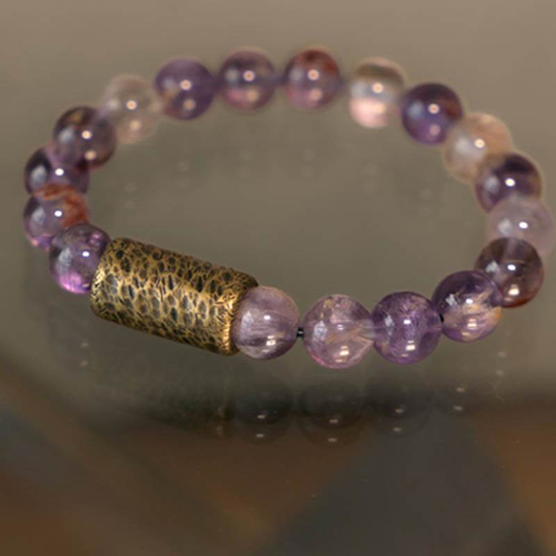 Buddha Stonesホワイトクリスタル レッドヘマトイドクォーツ ゴールドルチルクォーツ パープルファントムプロテクションブレスレット