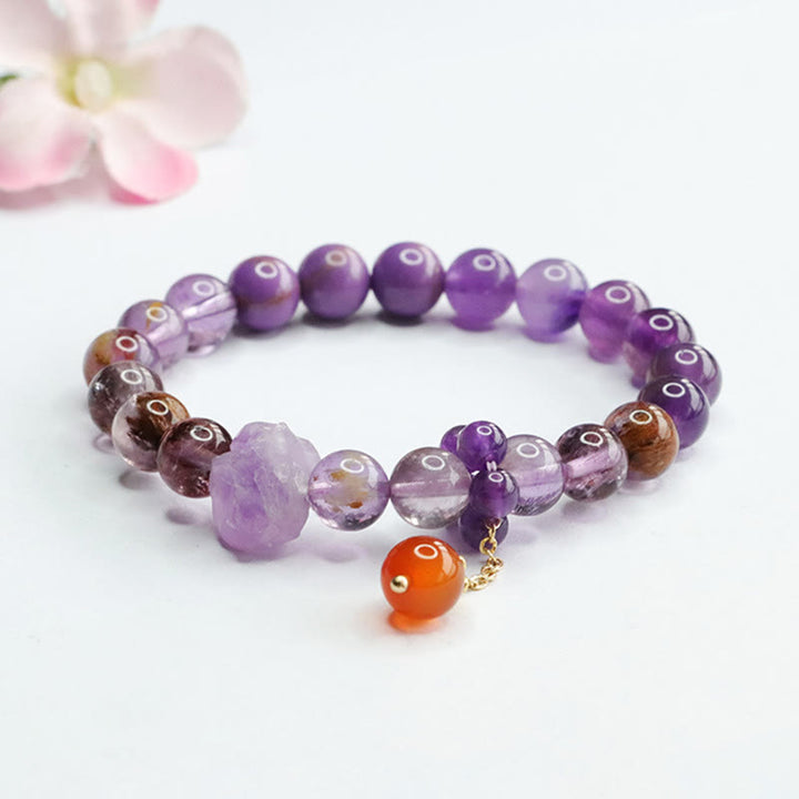 Buddha Stones天然アメジスト パープルファントムジェムストーン スピリチュアルな意識を高めるブレスレット