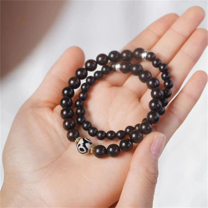 Buddha Stonesチベット黒檀ウッド Dzi ビーズ バランス ダブルラップブレスレット