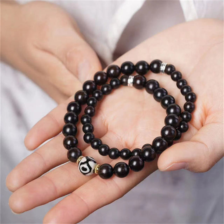 Buddha Stonesチベット黒檀ウッド Dzi ビーズ バランス ダブルラップブレスレット