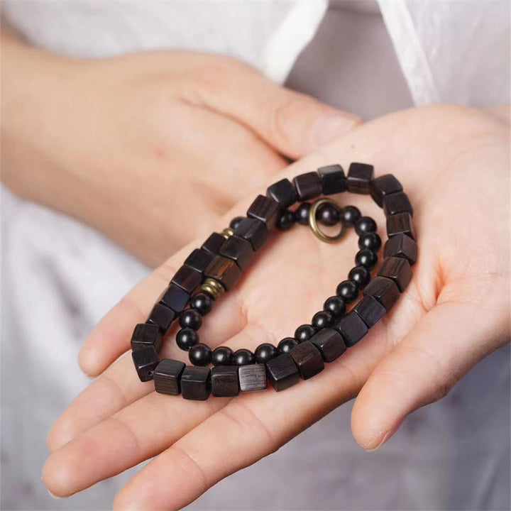 Buddha Stonesチベット黒檀 スクエアビーズ 平和 ダブルラップブレスレット