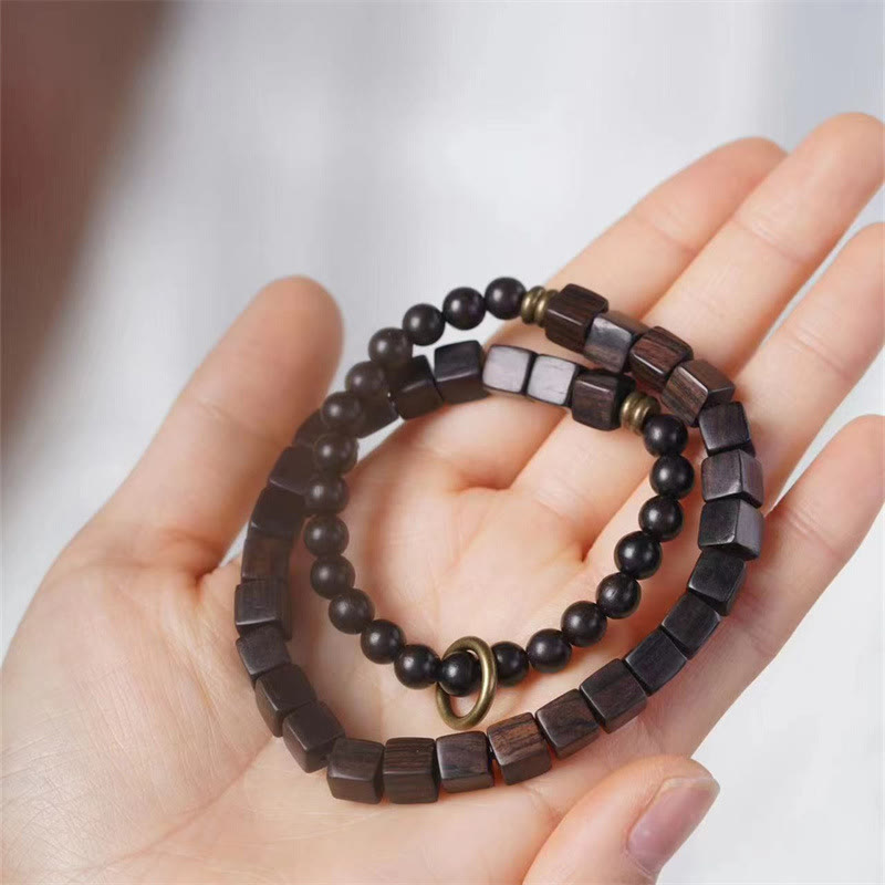 Buddha Stonesチベット黒檀 スクエアビーズ 平和 ダブルラップブレスレット