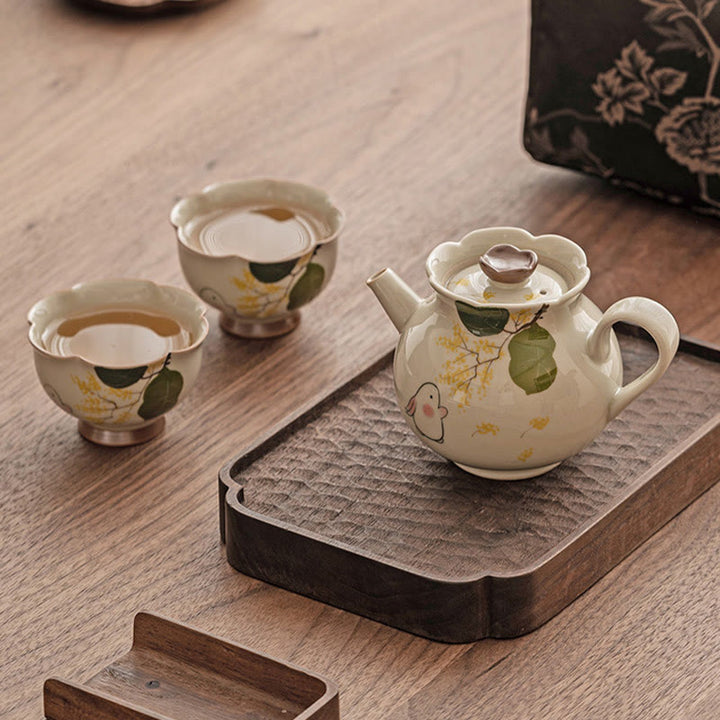 Buddha Stones手描きの小さなキンモクセイウサギの陶器ティーカップカンフーティーカップ40ml