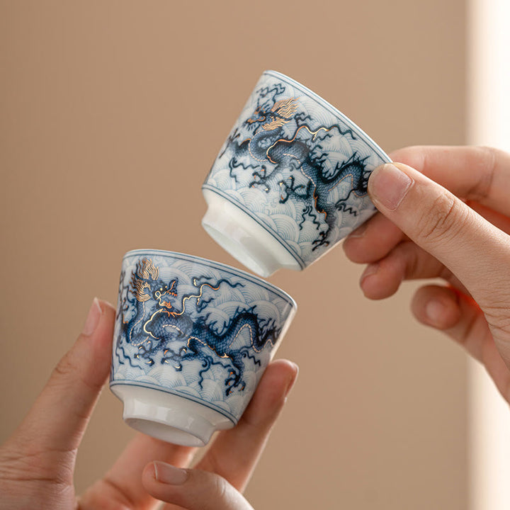 Buddha Stones小さな青と白の龍の模様 陶器ティーカップ カンフーティーカップ 45ml